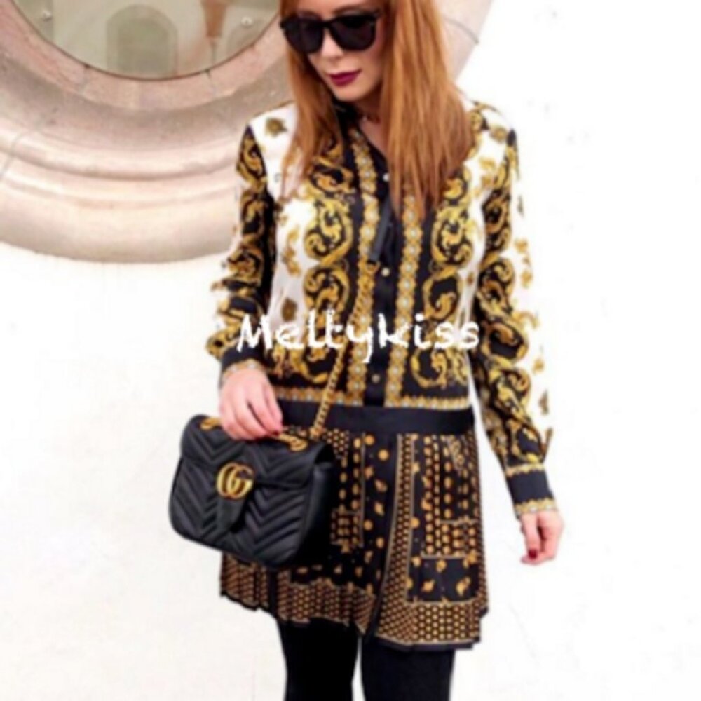Zara Shirt Collar Printed Mini Dress with Pleated Skirt Gold Button size XS